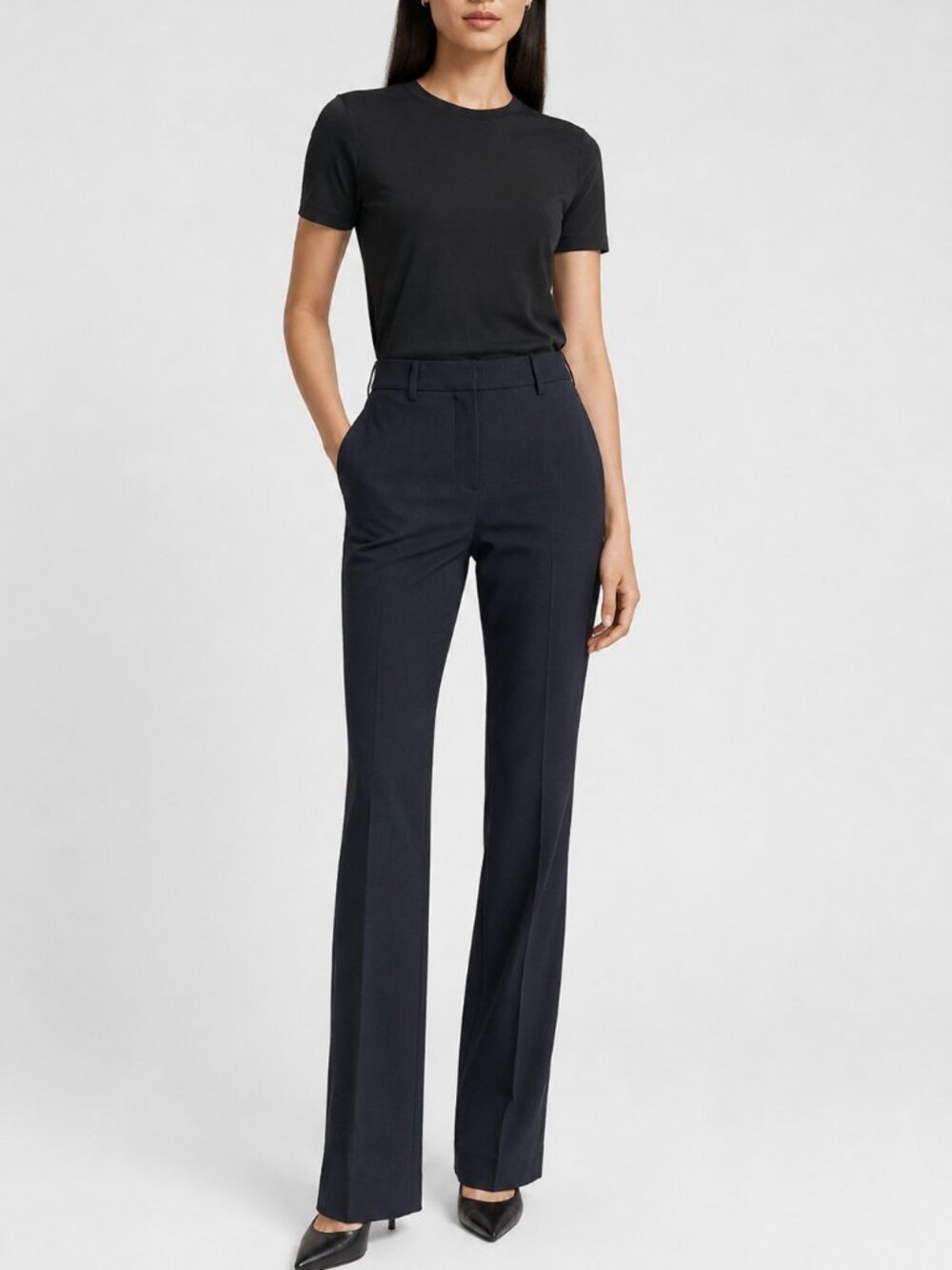 Pristine Theory Max C Dress Pant Sz 8 / M Stretch Wool Navy Wide Leg Trousers